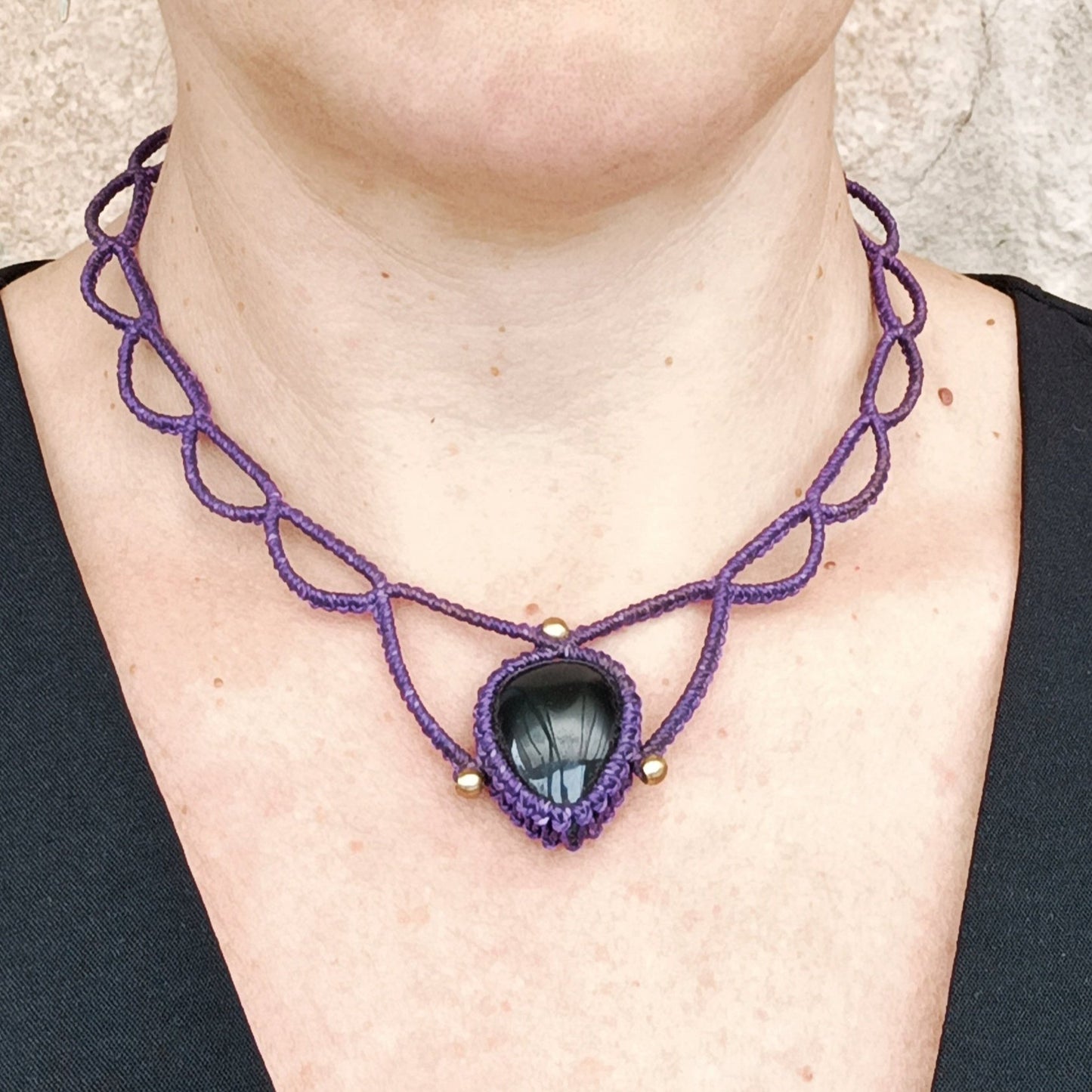 Purple elven style macrame choker with obsidian