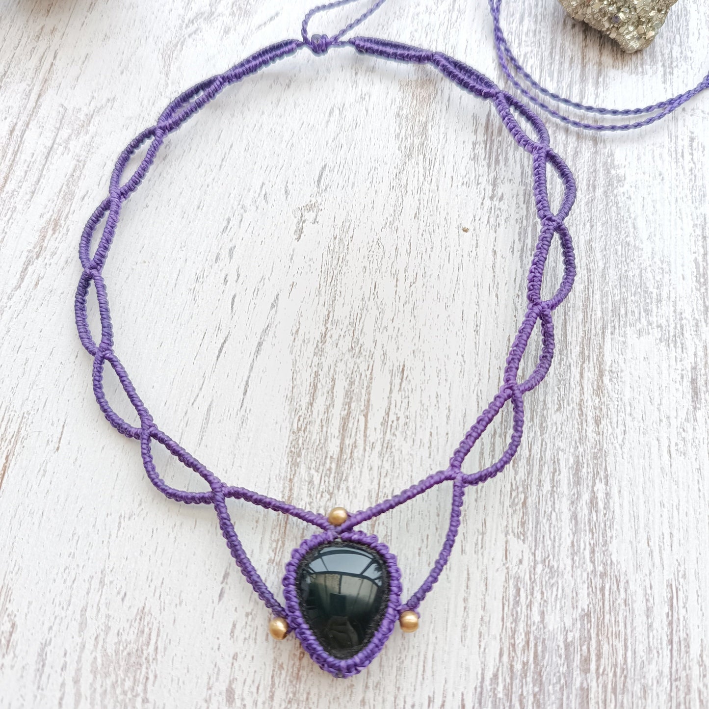 Purple elven style macrame choker with obsidian