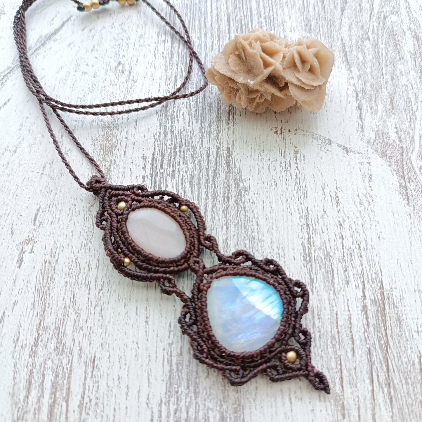 Pendant with rainbow moonstone and orange moonstone