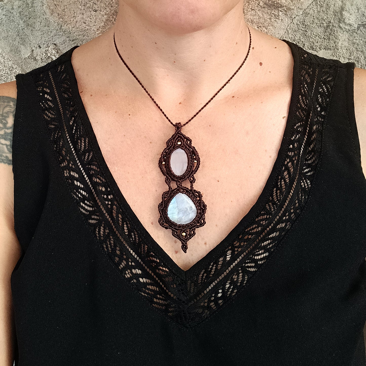 Pendant with rainbow moonstone and orange moonstone